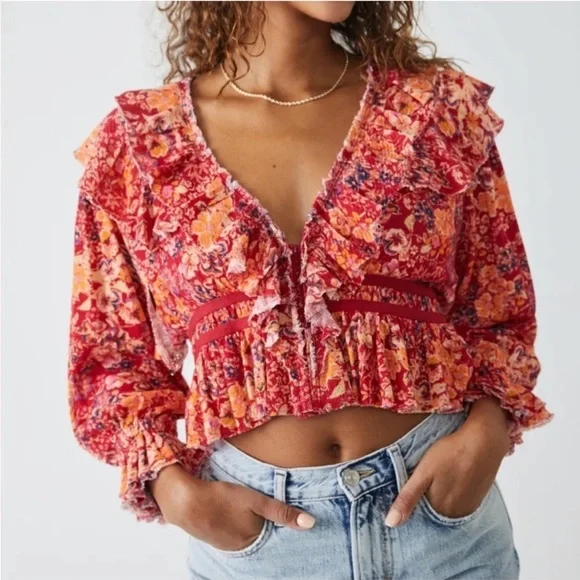 Free People Rudi Ruffle Top in Cherry Combo, Size Small - Picture 1 of 17